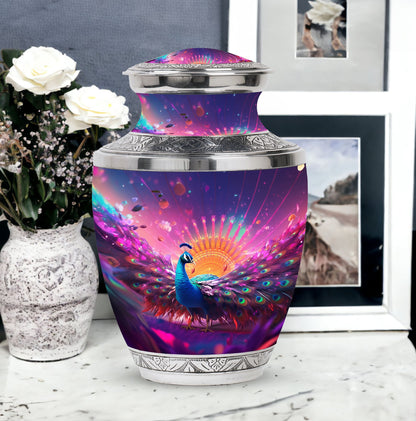 Classic Peacock Memorial Urn, Large 3 Inch Aluminium Urn.