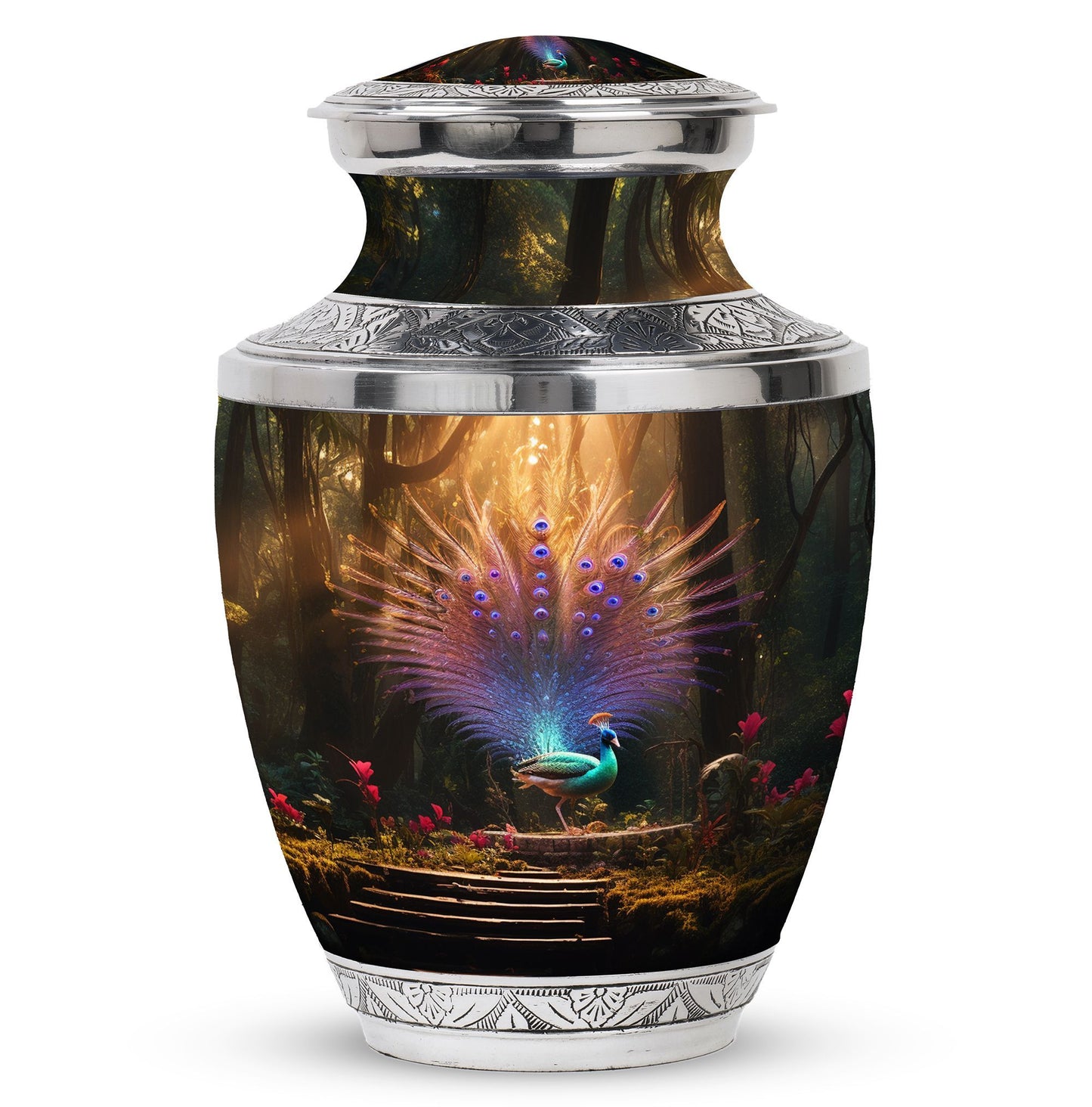 Aluminium peacock urn for ashes in classic design.