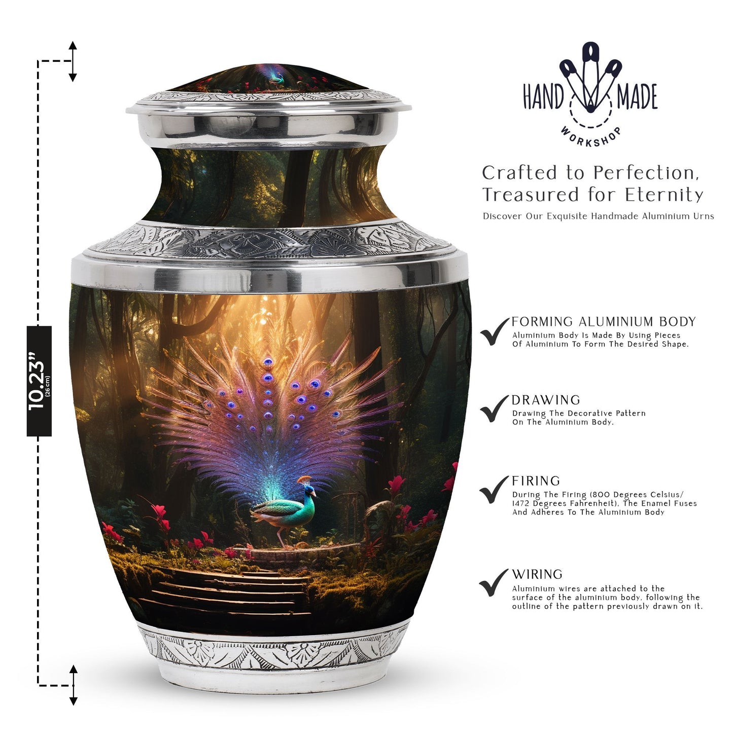 Aluminium peacock urn for ashes in classic design.