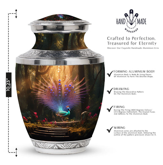 Aluminium peacock urn for ashes in classic design.