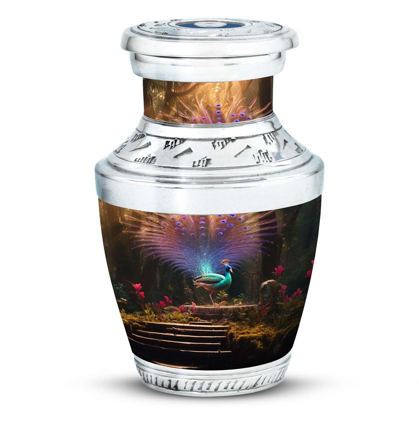 Aluminium peacock urn for ashes in classic design.