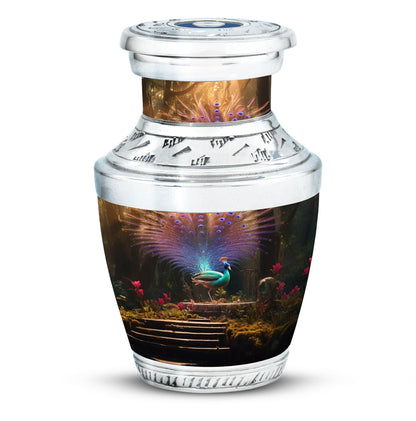 Aluminium peacock urn for ashes in classic design.