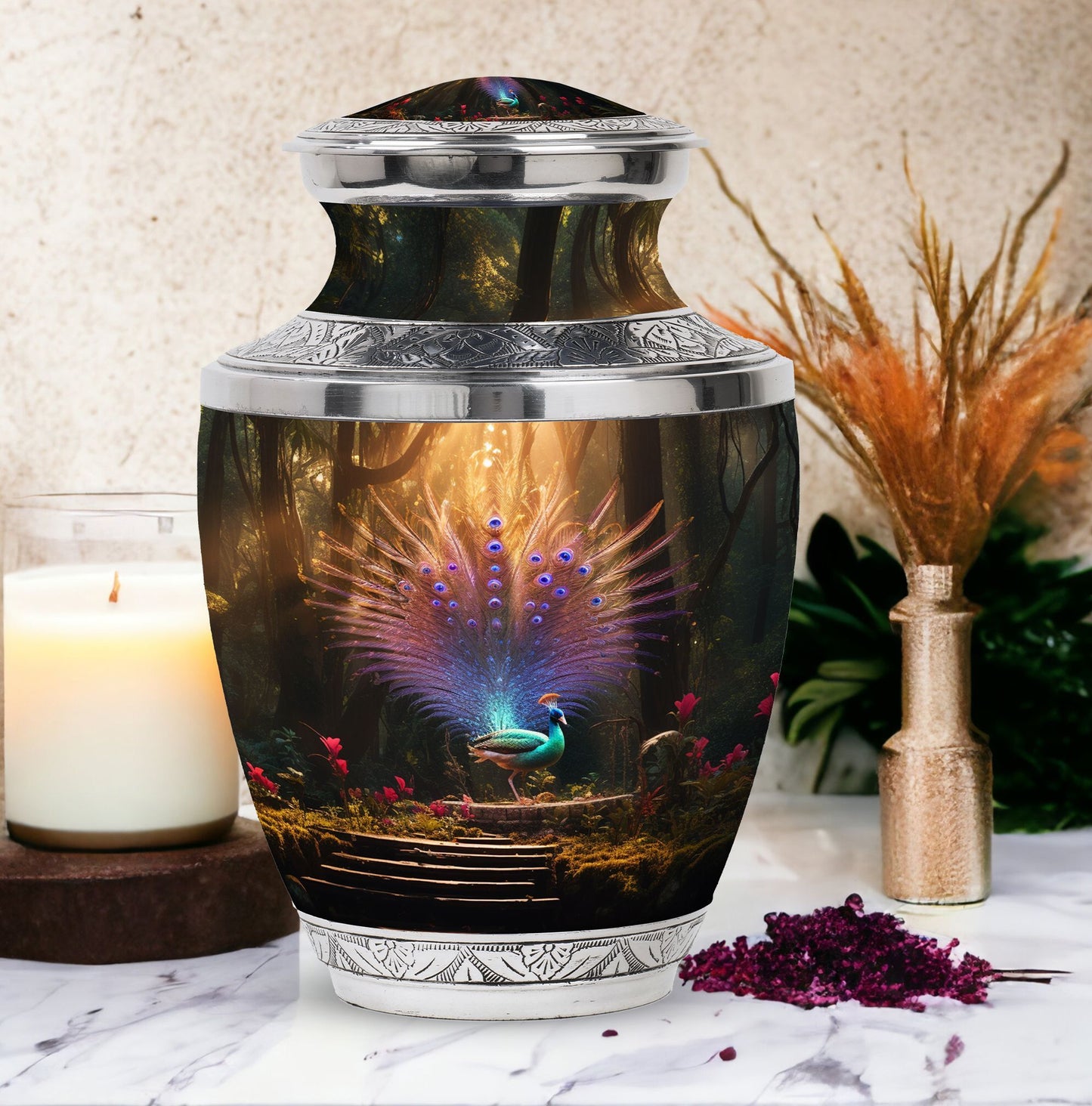 Aluminium peacock urn for ashes in classic design.