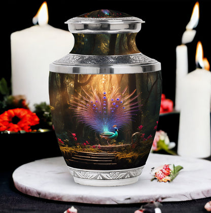 Aluminium peacock urn for ashes in classic design.
