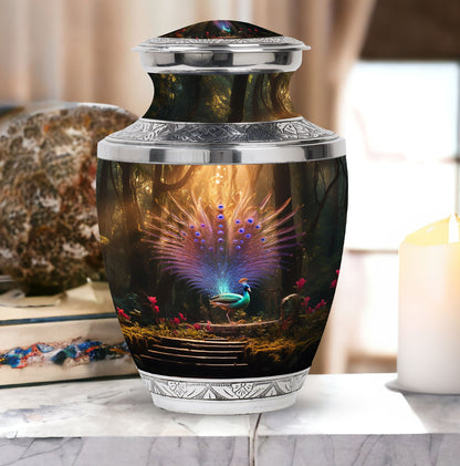 Aluminium peacock urn for ashes in classic design.
