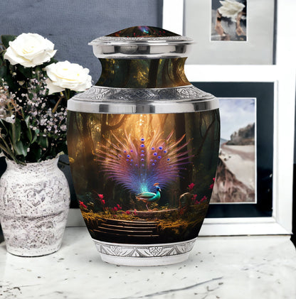 Aluminium peacock urn for ashes in classic design.