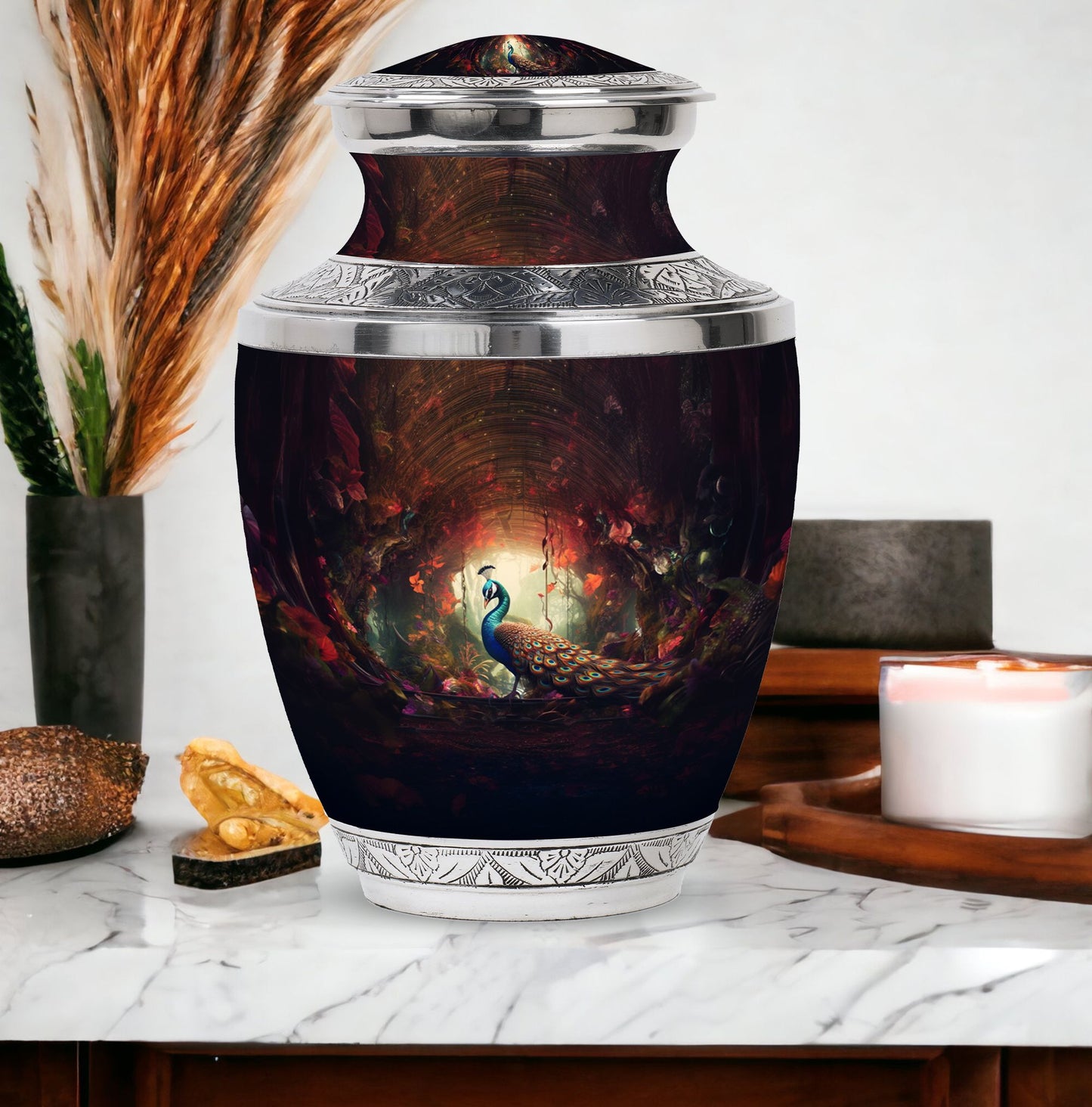 Classic Peacock Memorial Urn made of Aluminium.
