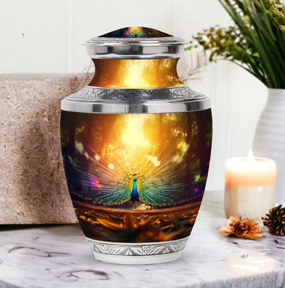 Classic Peacock urn for human cremation ashes.