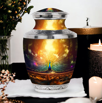 Classic Peacock urn for human cremation ashes.
