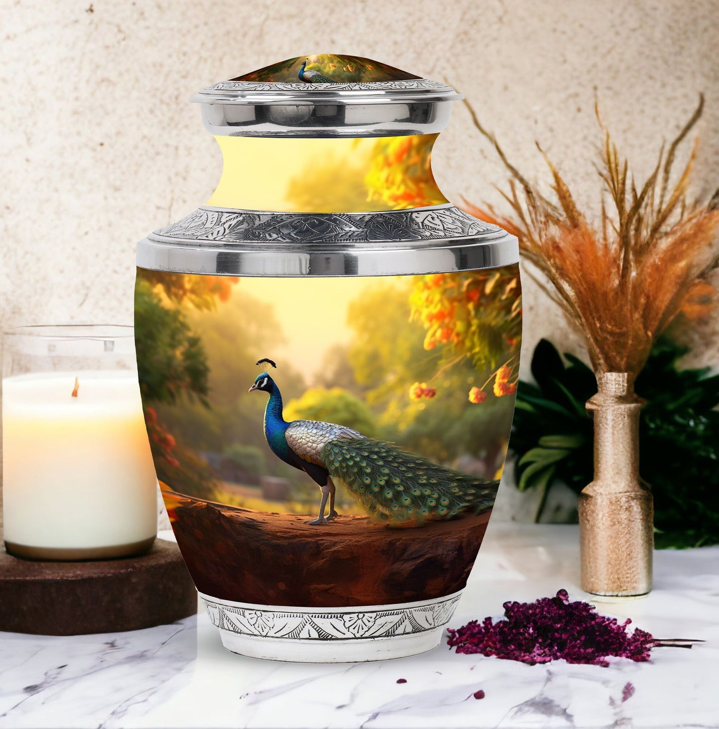 Classic 10 inch Peacock Urn made of Aluminium for cremation.