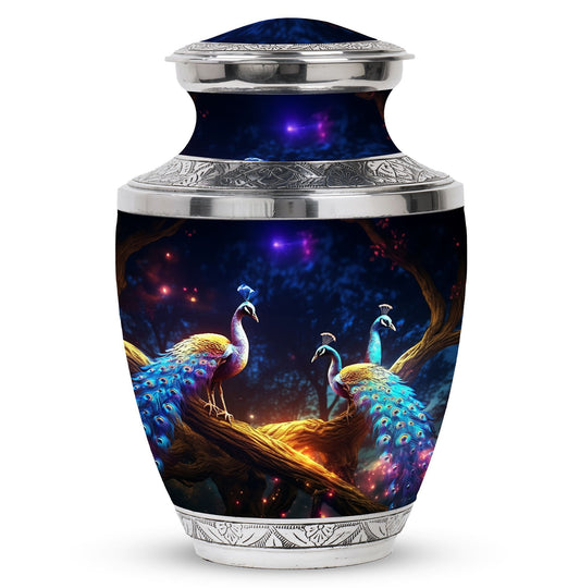 Classic peacock memorial urn in aluminum.