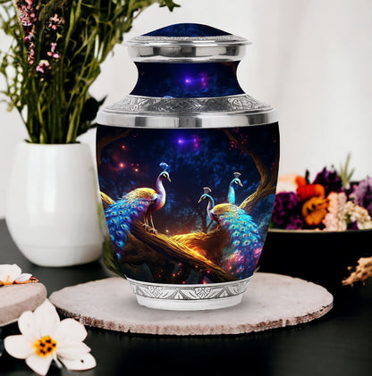 Classic peacock memorial urn in aluminum.