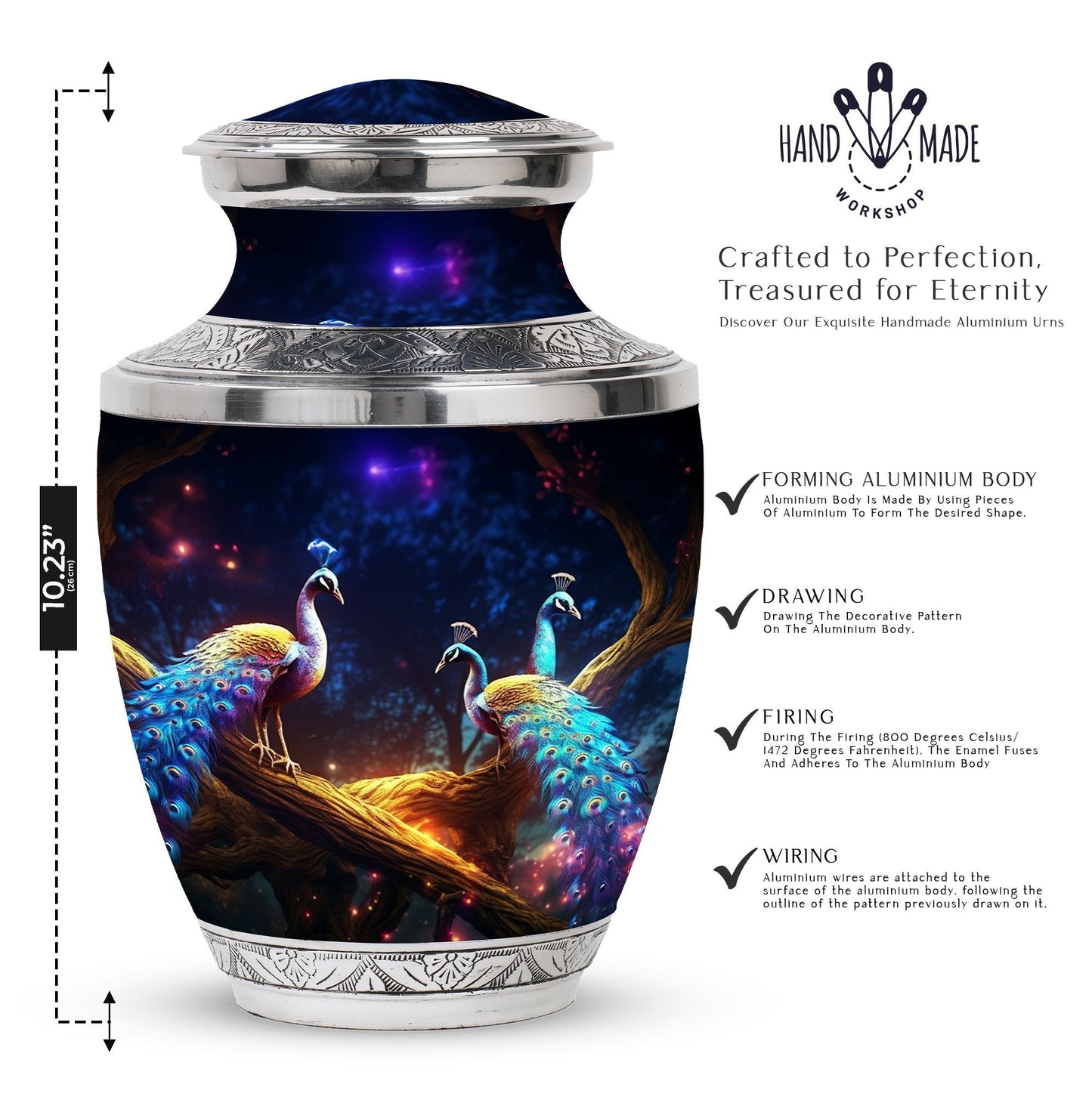 Classic peacock memorial urn in aluminum.