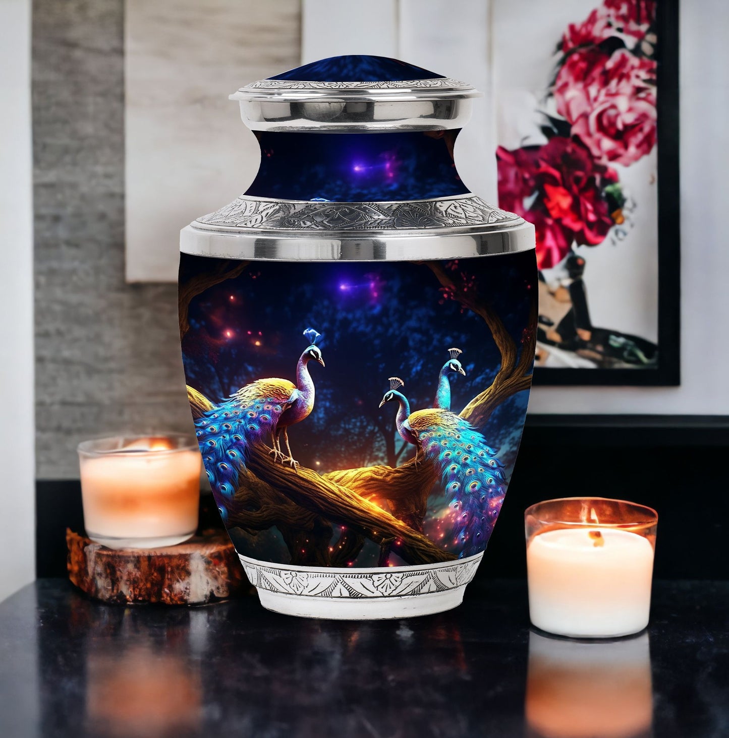 Classic peacock memorial urn in aluminum.