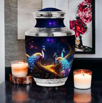 Classic peacock memorial urn in aluminum.