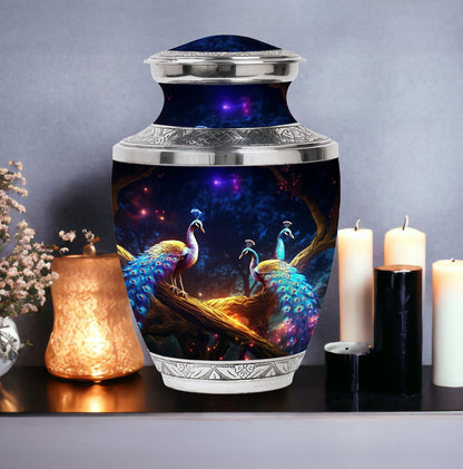 Classic peacock memorial urn in aluminum.