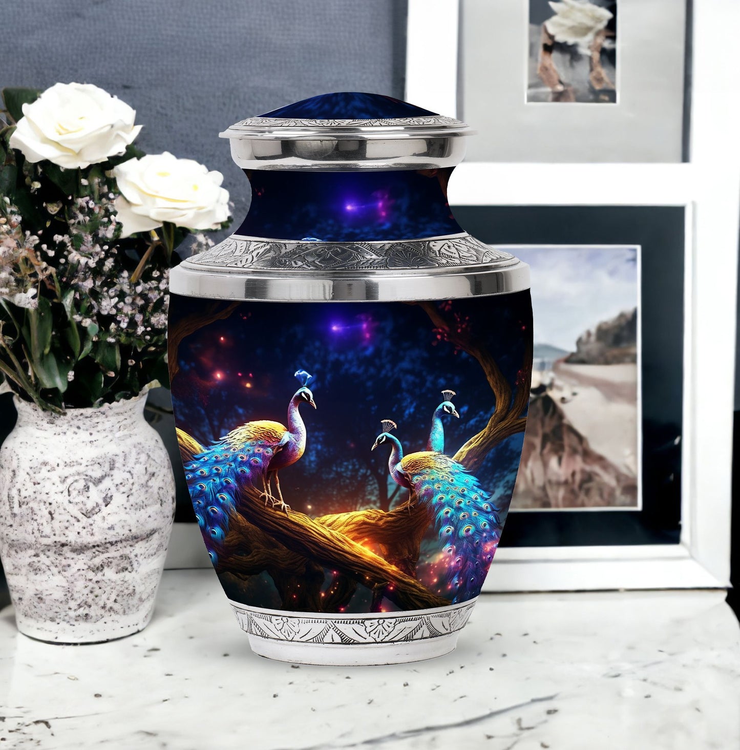 Classic peacock memorial urn in aluminum.