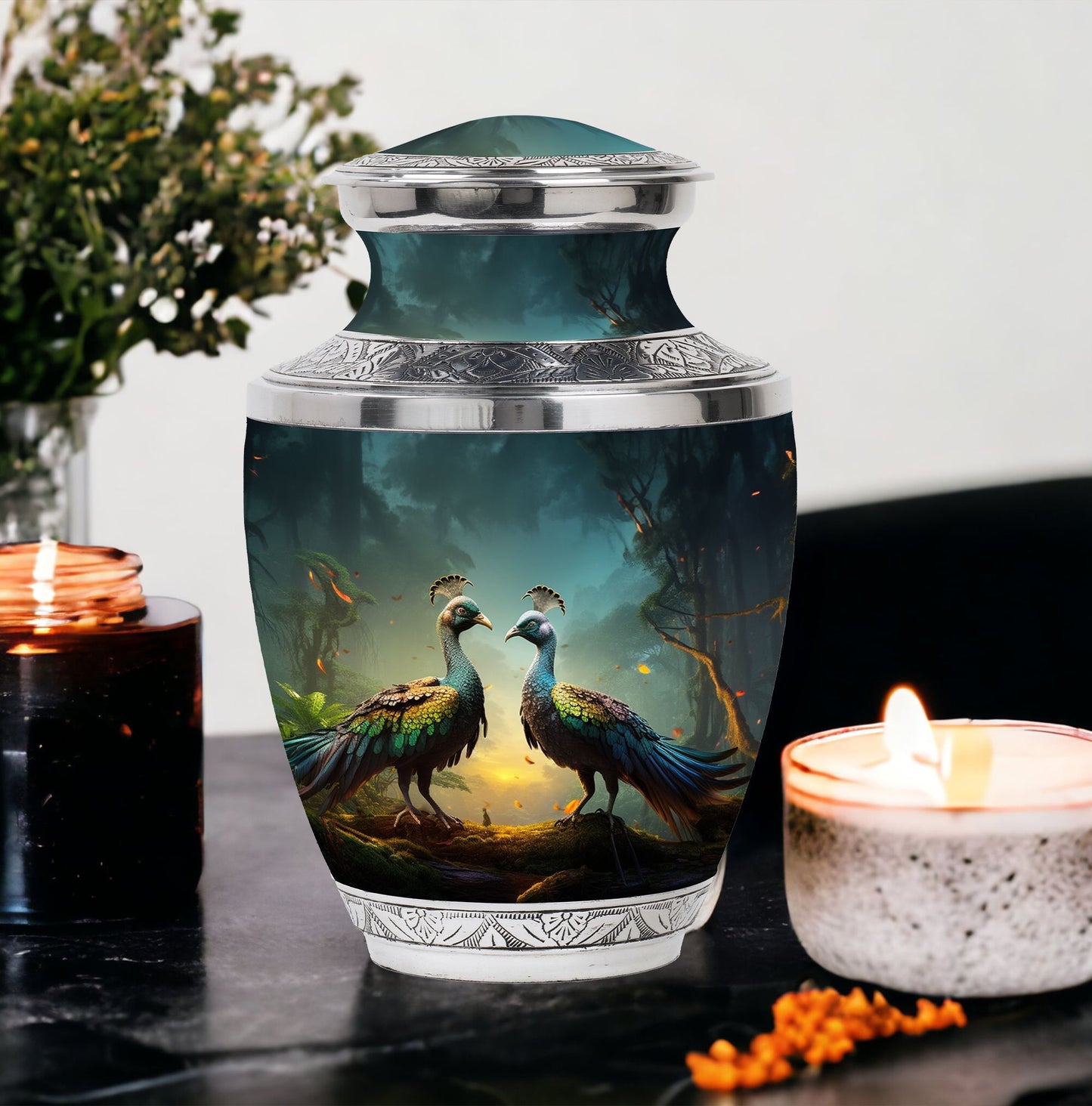 Classic 3 Inch Peacock urn for human ashes.