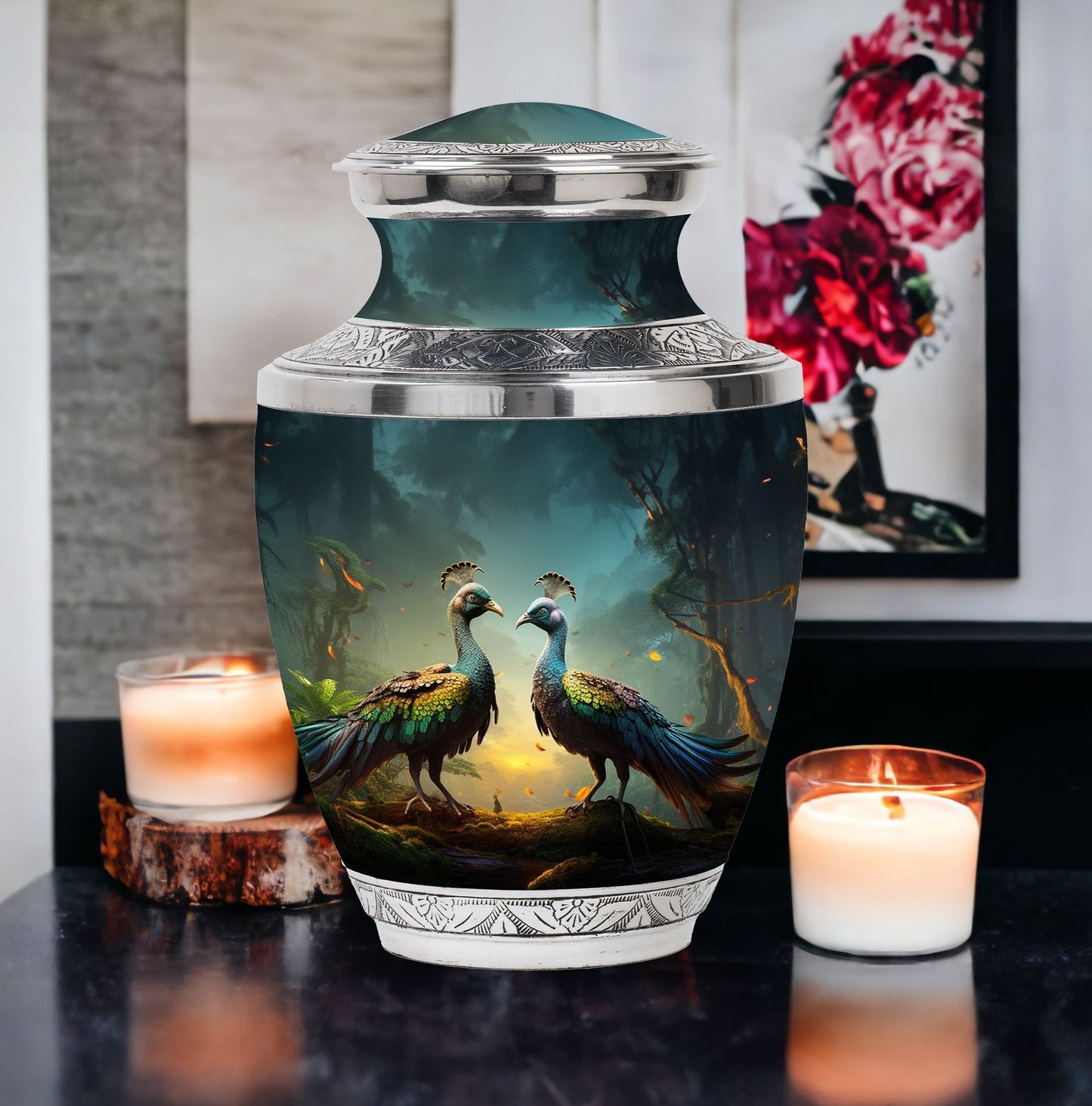 Classic 3 Inch Peacock urn for human ashes.