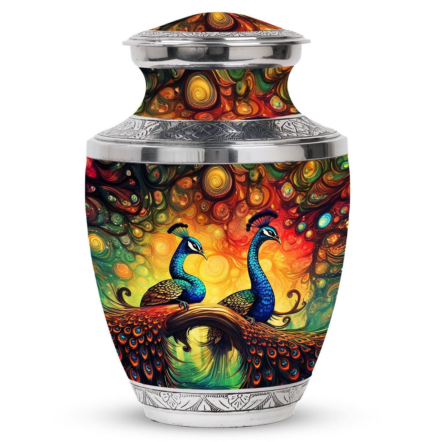 Elegant 3-inch classic large peacock urn for ashes.