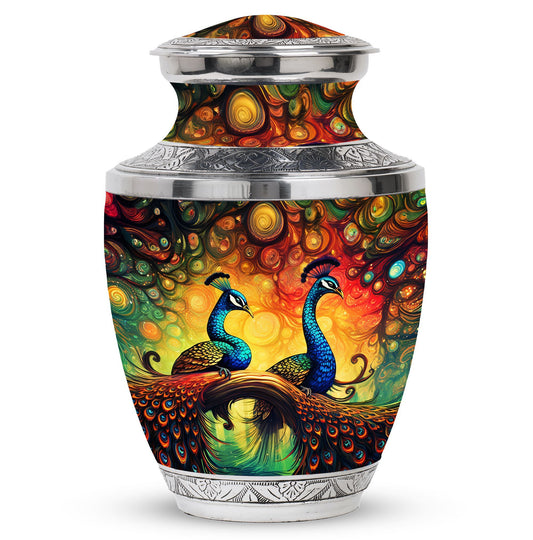 Elegant 3-inch classic large peacock urn for ashes.