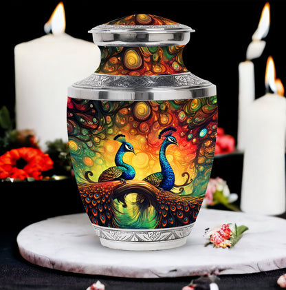 Elegant 3-inch classic large peacock urn for ashes.