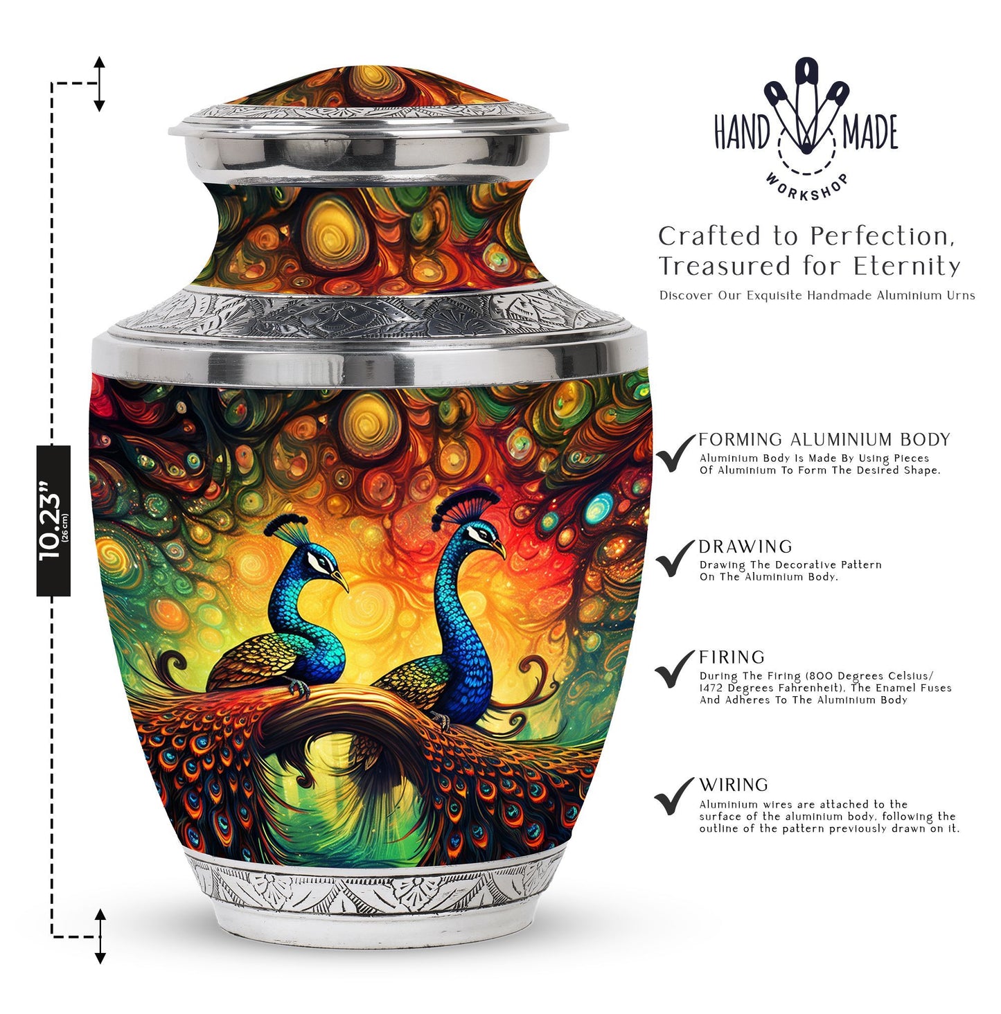 Elegant 3-inch classic large peacock urn for ashes.