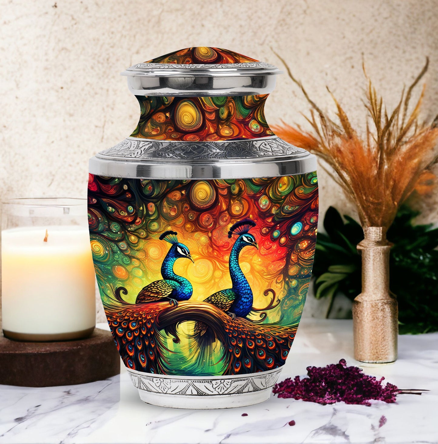 Elegant 3-inch classic large peacock urn for ashes.