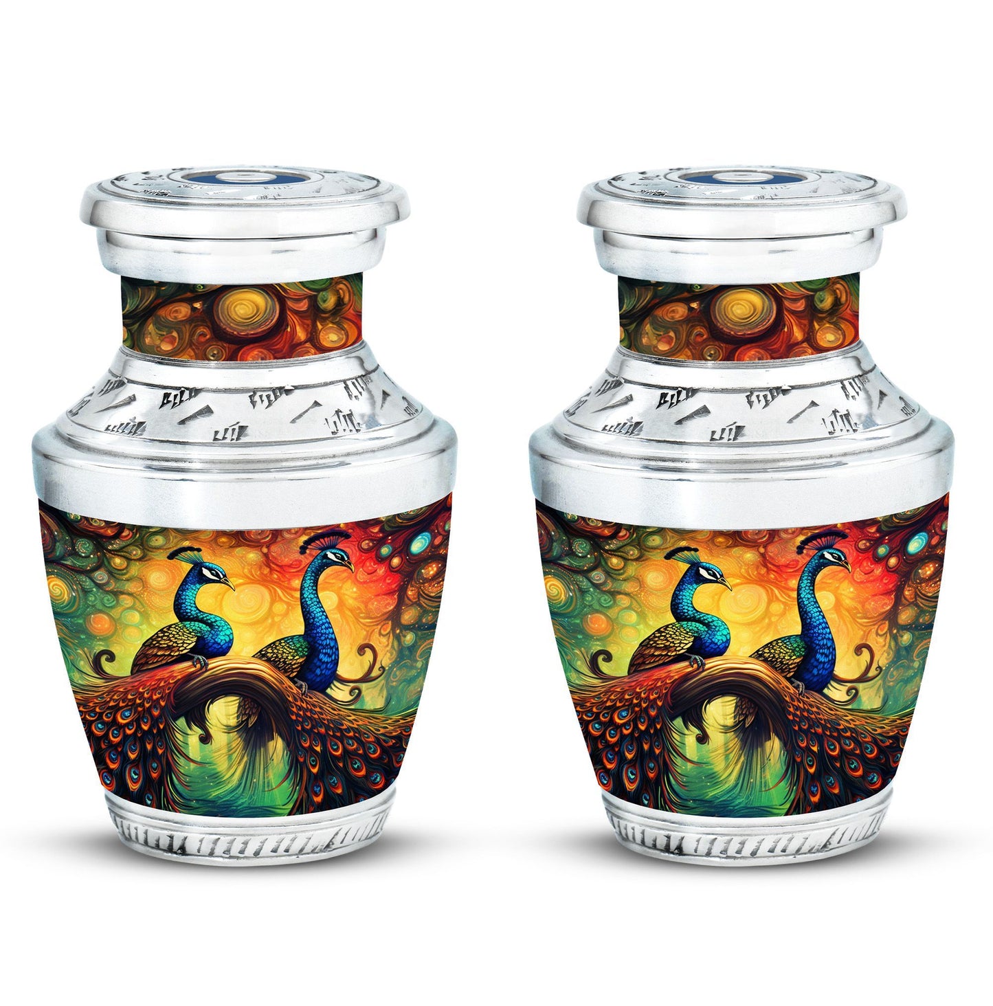 Elegant 3-inch classic large peacock urn for ashes.