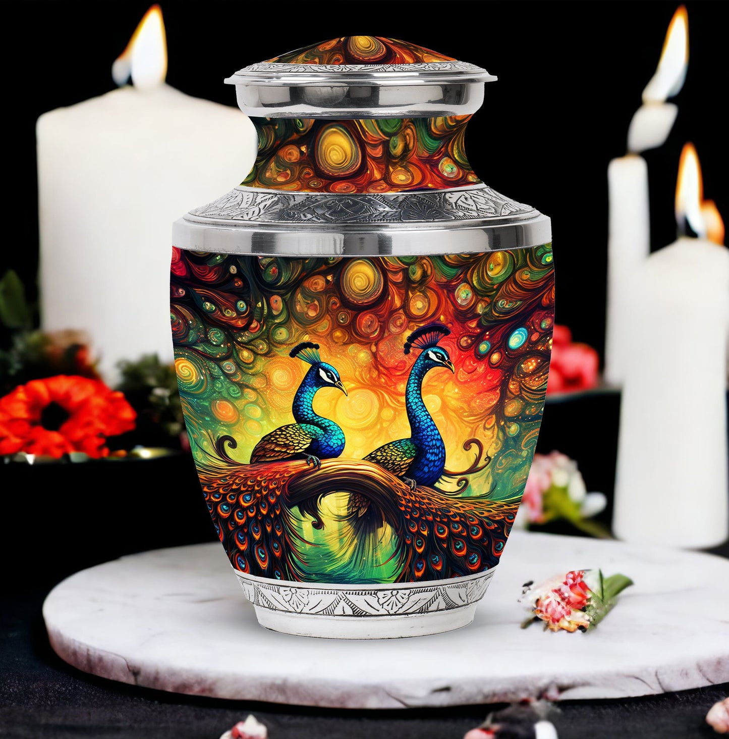Elegant 3-inch classic large peacock urn for ashes.