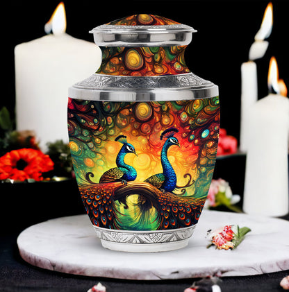 Elegant 3-inch classic large peacock urn for ashes.