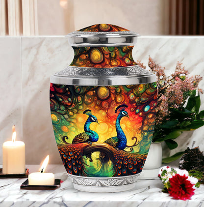 Elegant 3-inch classic large peacock urn for ashes.
