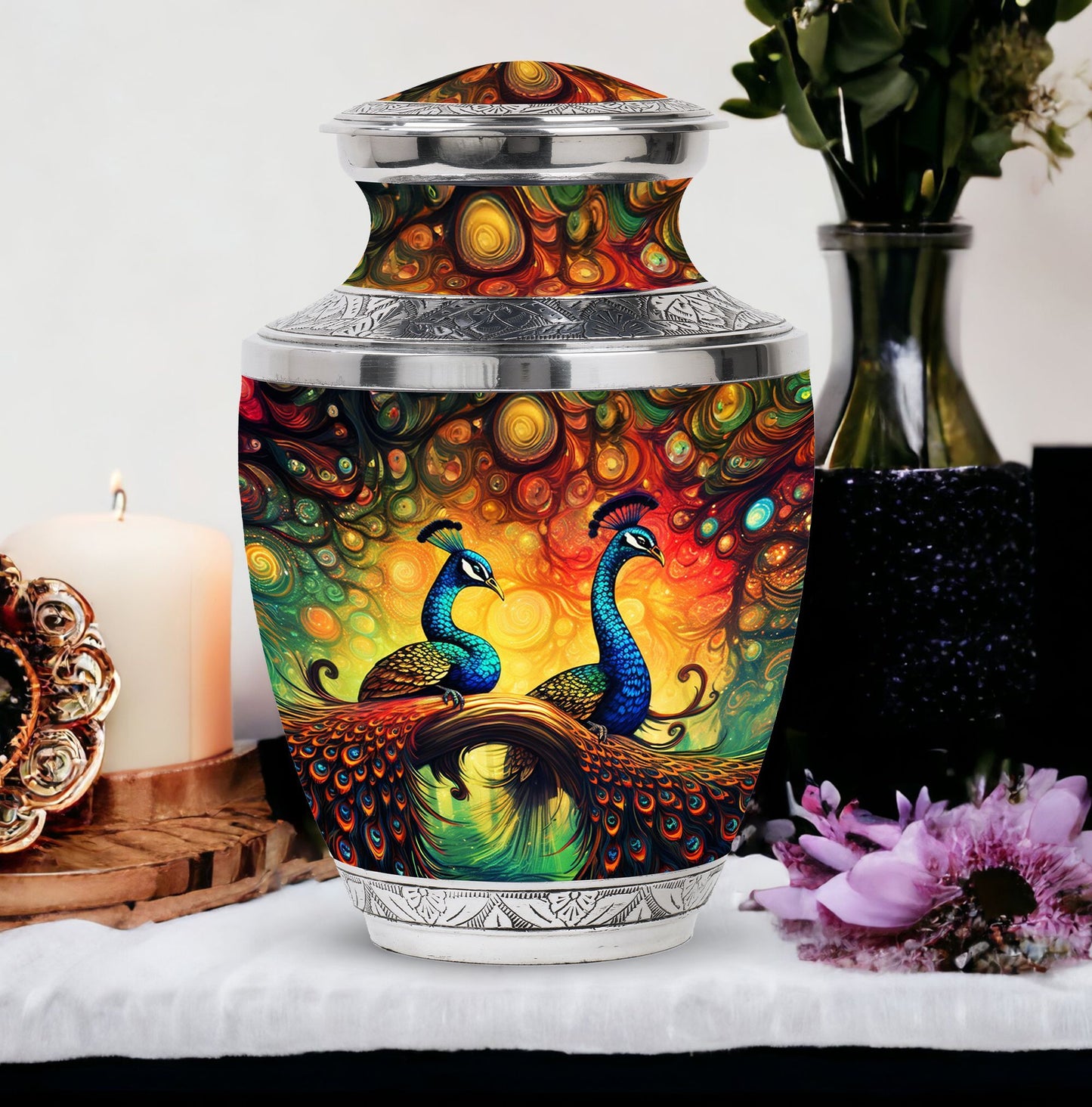 Elegant 3-inch classic large peacock urn for ashes.