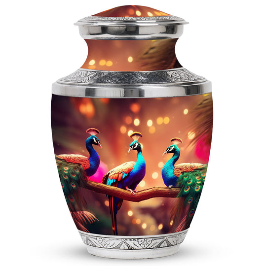 Classic 3-inch Peacock Cremation Urn made of aluminium.