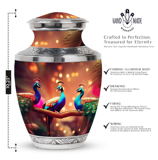 Classic 3-inch Peacock Cremation Urn made of aluminium.