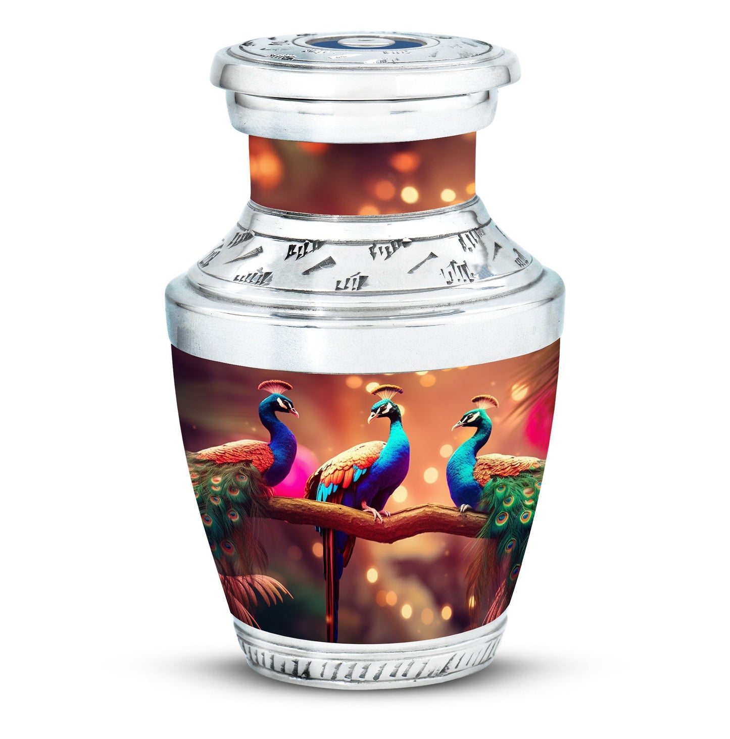 Classic 3-inch Peacock Cremation Urn made of aluminium.