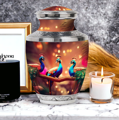 Classic 3-inch Peacock Cremation Urn made of aluminium.