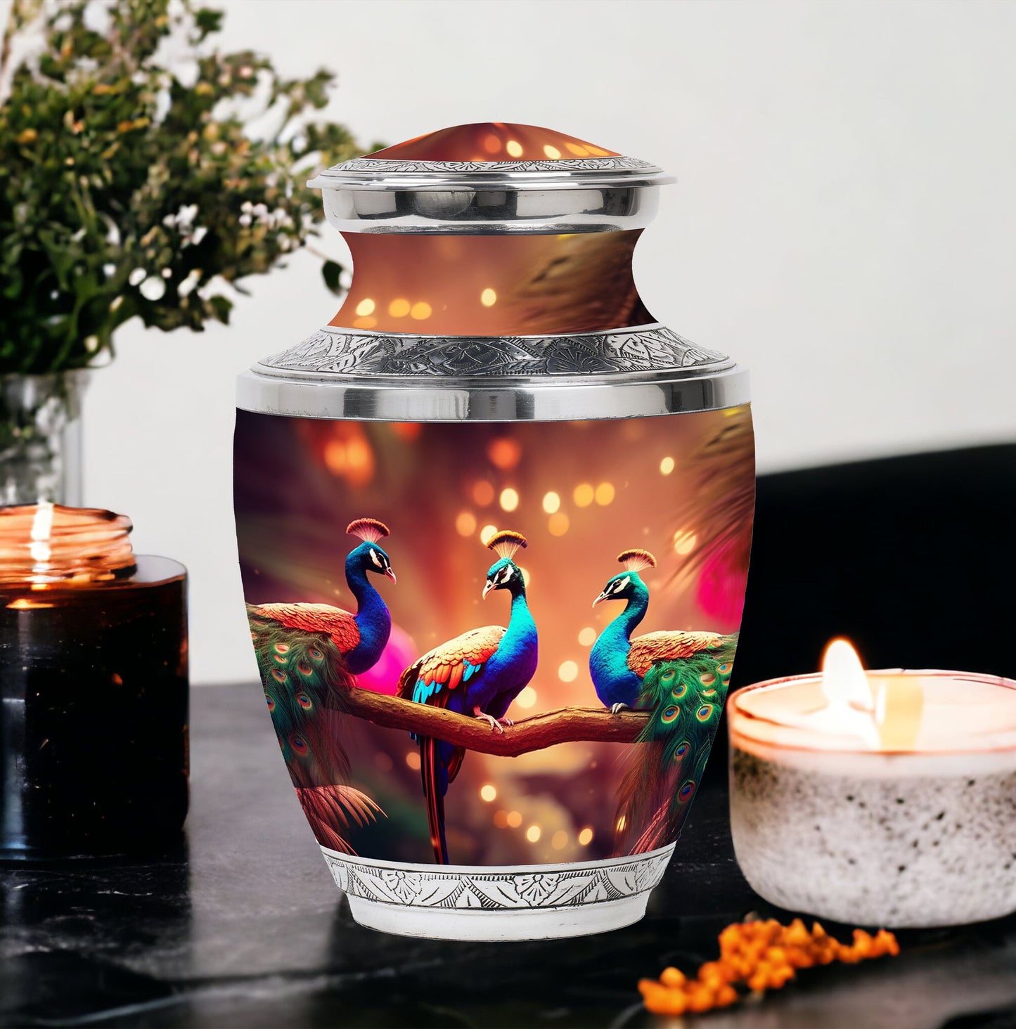 Classic 3-inch Peacock Cremation Urn made of aluminium.