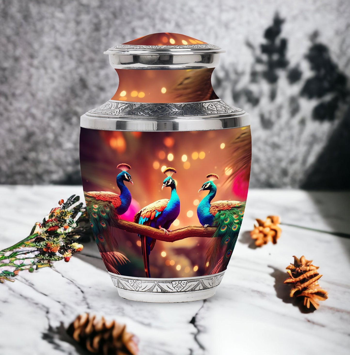 Classic 3-inch Peacock Cremation Urn made of aluminium.
