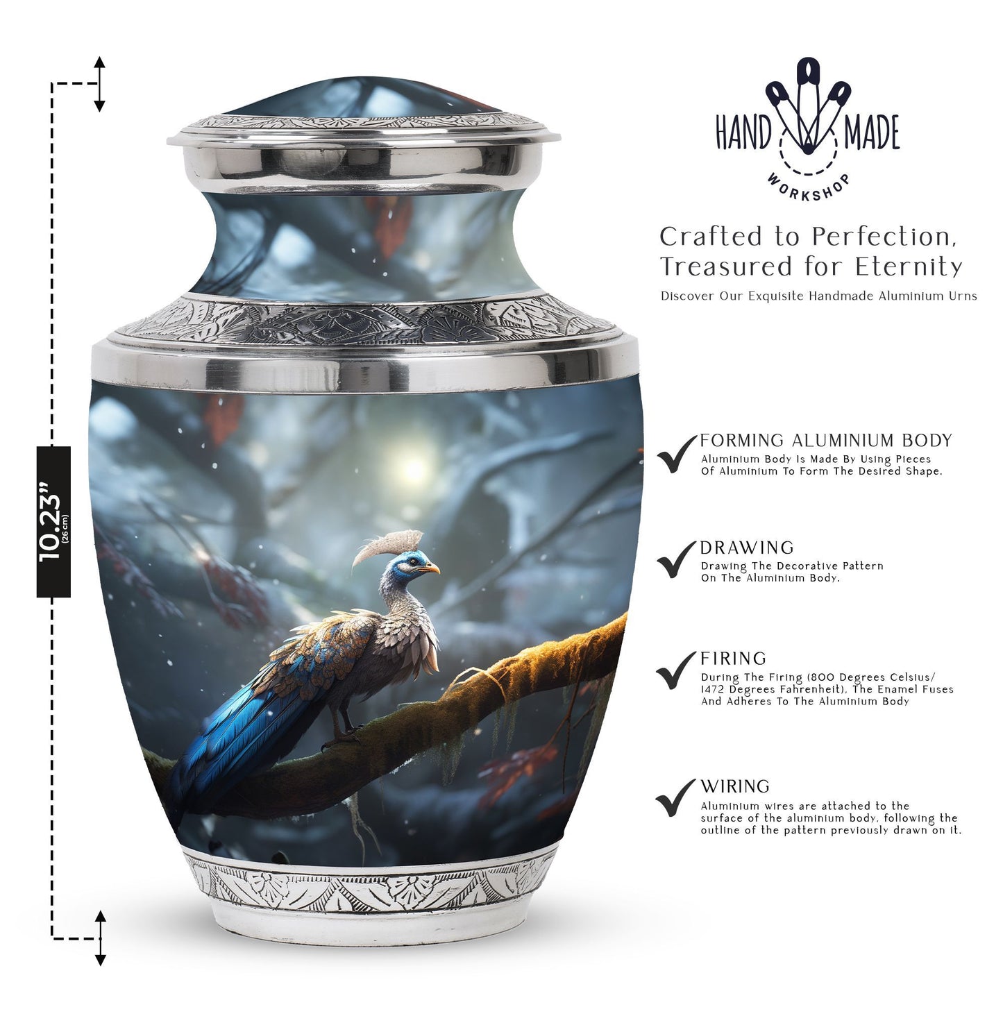 Classic 3-inch Peacock Memorial Funeral Urn in Aluminium.