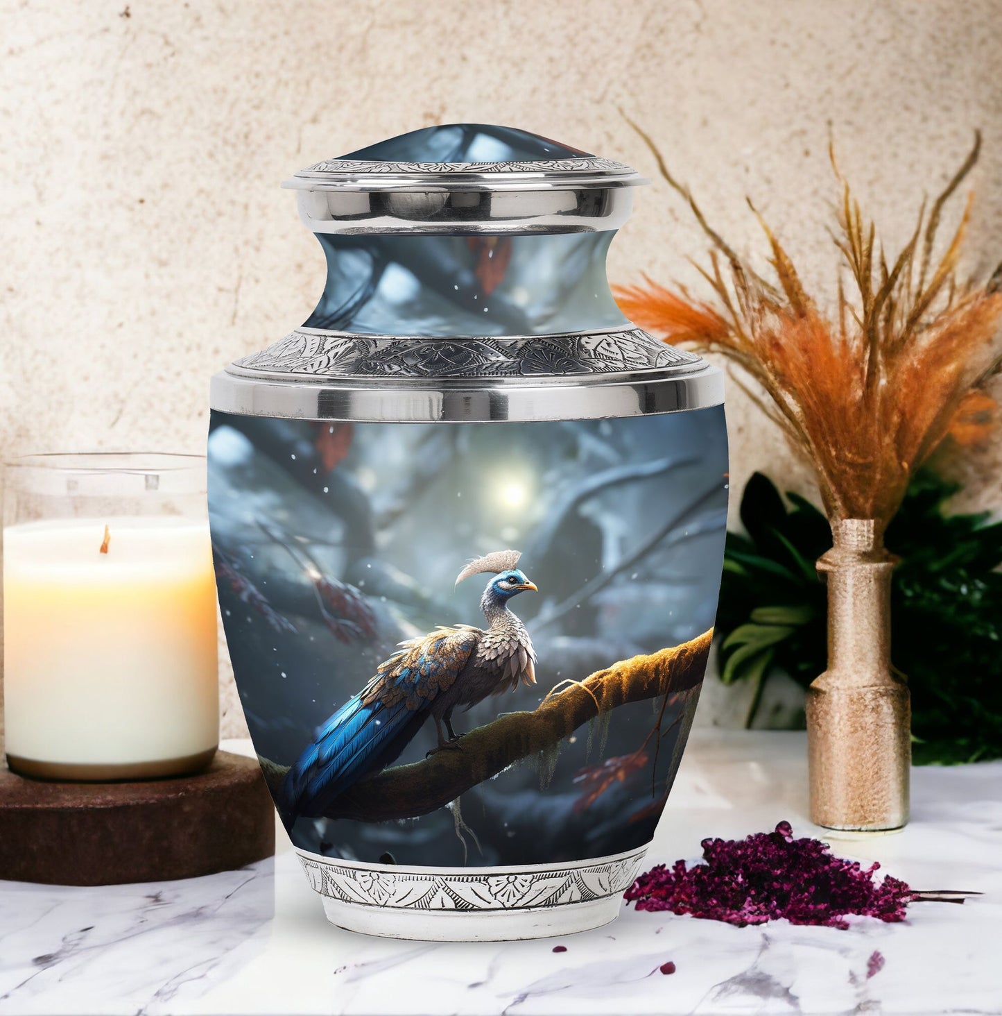 Classic 3-inch Peacock Memorial Funeral Urn in Aluminium.