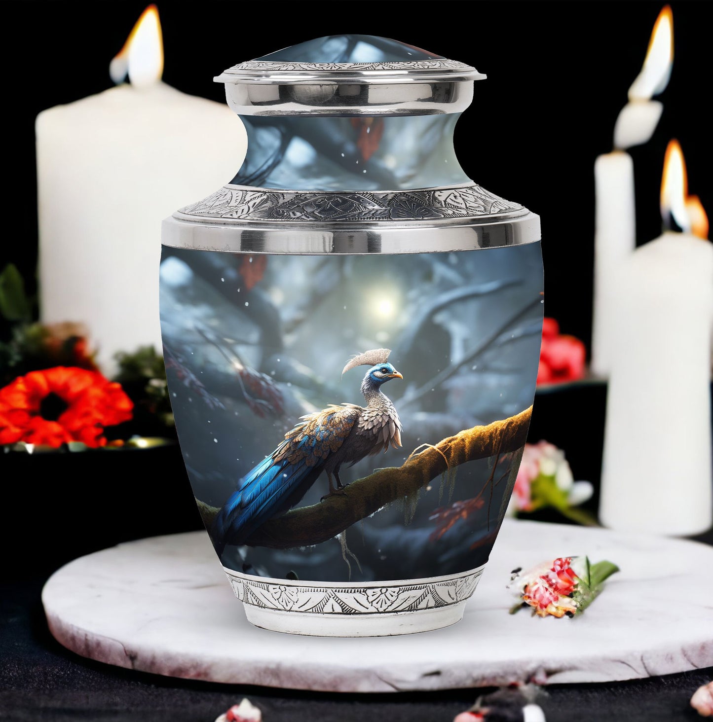 Classic 3-inch Peacock Memorial Funeral Urn in Aluminium.