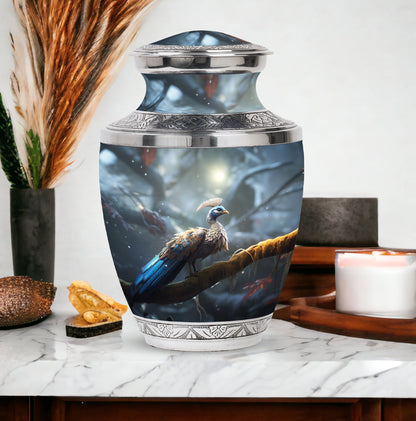 Classic 3-inch Peacock Memorial Funeral Urn in Aluminium.
