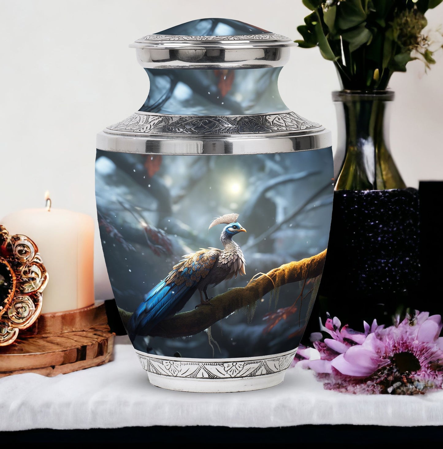 Classic 3-inch Peacock Memorial Funeral Urn in Aluminium.