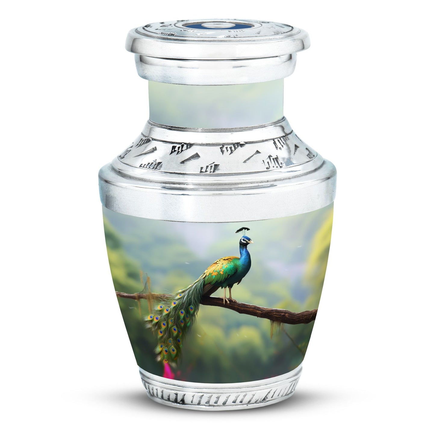 Classic 3 inch Peacock Urn for adult ashes.