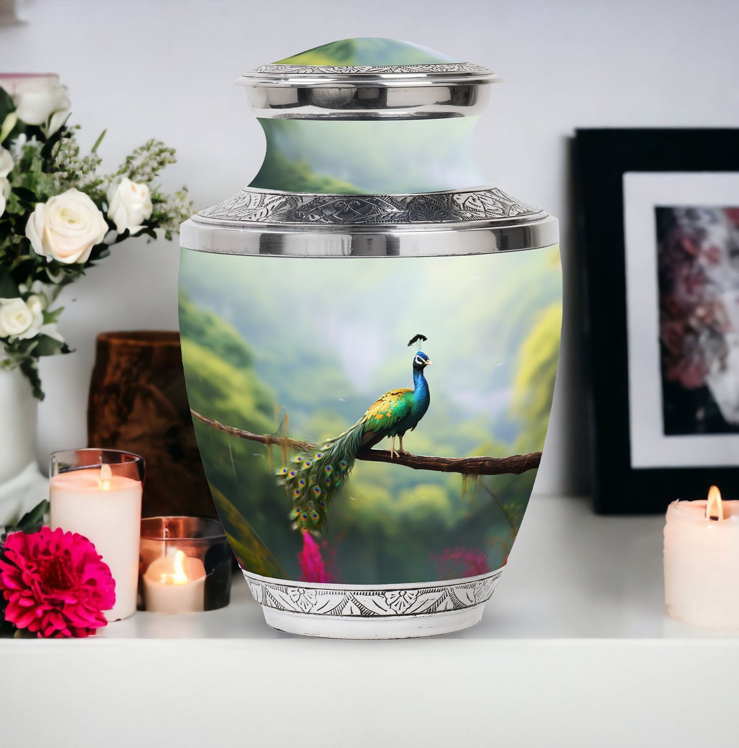 Classic 3 inch Peacock Urn for adult ashes.