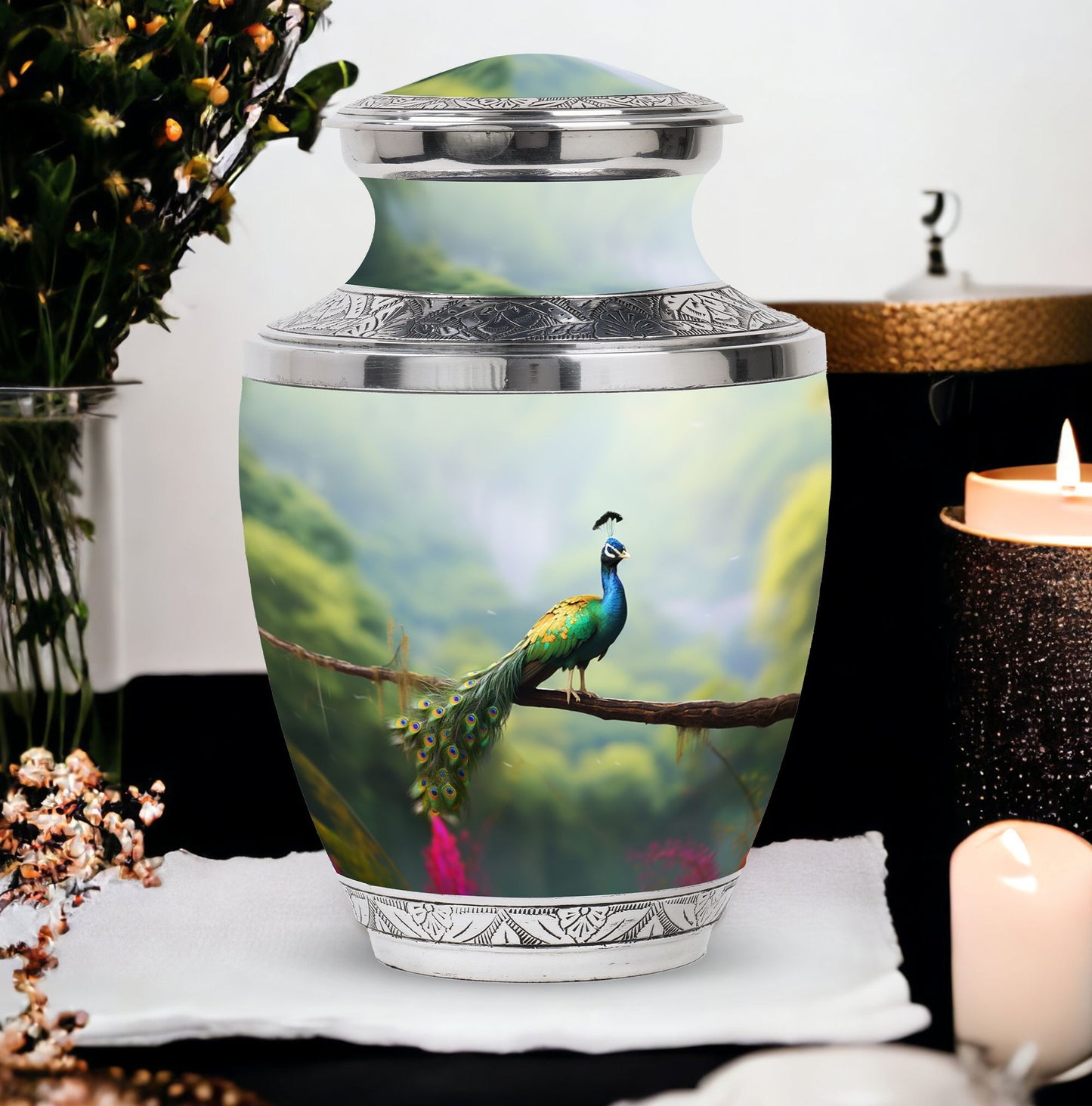 Classic 3 inch Peacock Urn for adult ashes.