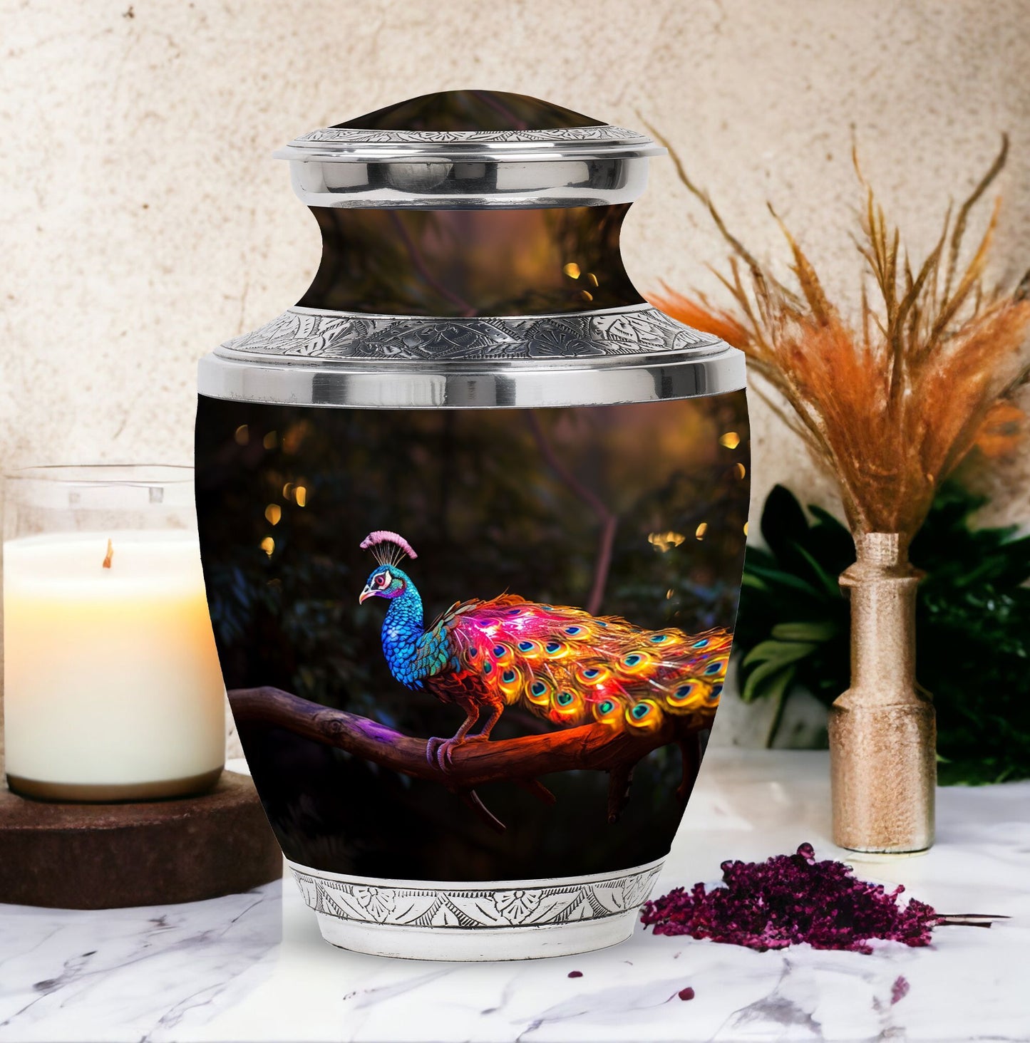 3-inch Classic Peacock Urn for ashes, customizable.