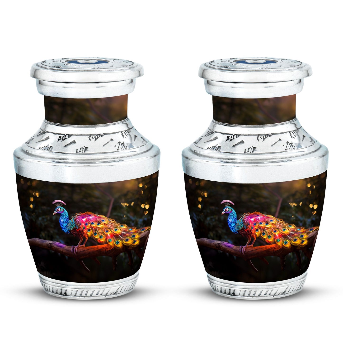3-inch Classic Peacock Urn for ashes, customizable.