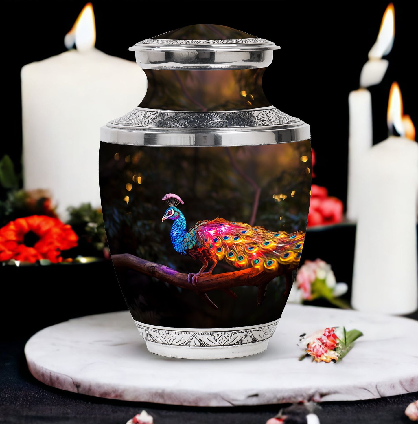 3-inch Classic Peacock Urn for ashes, customizable.